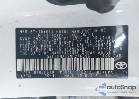 2022 Toyota Corolla Le from USA, damaged, VIN 5YFEPMAE2NP276096